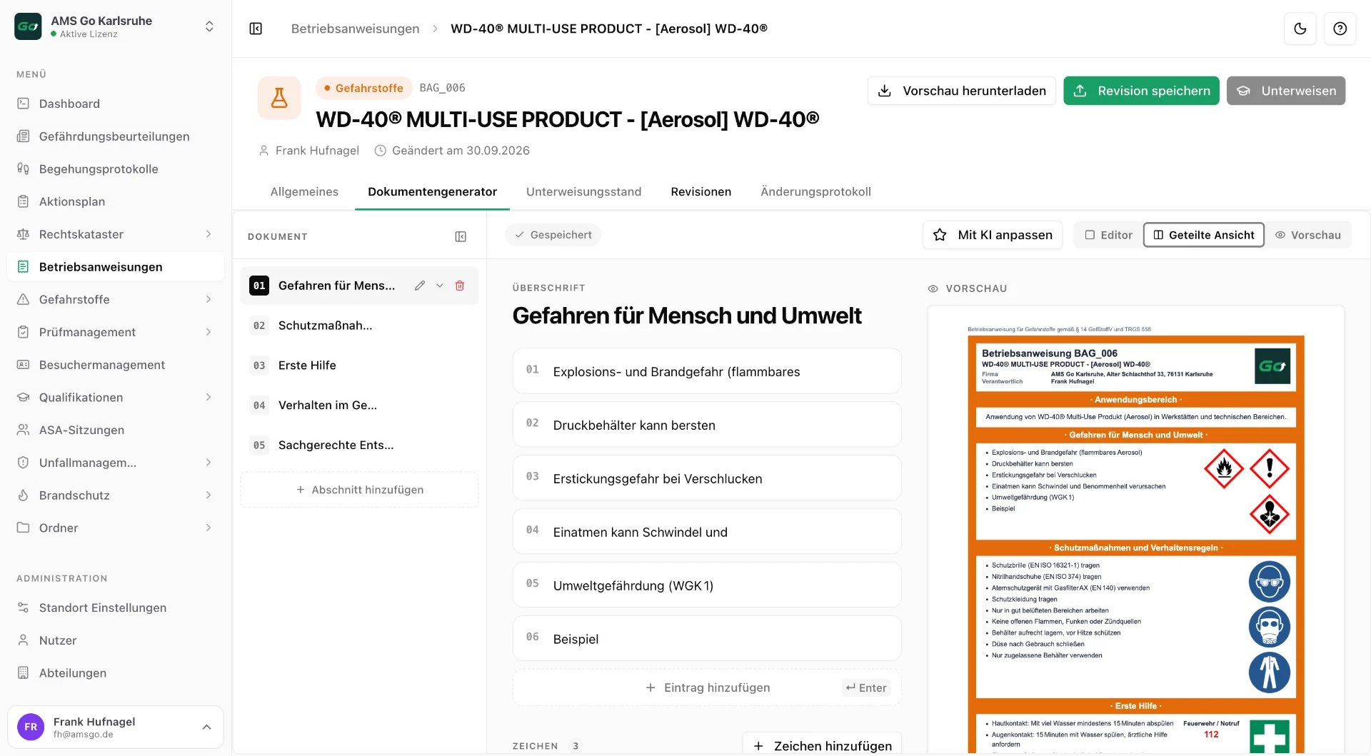 AMS Go web app: document generator for operating instructions with live preview