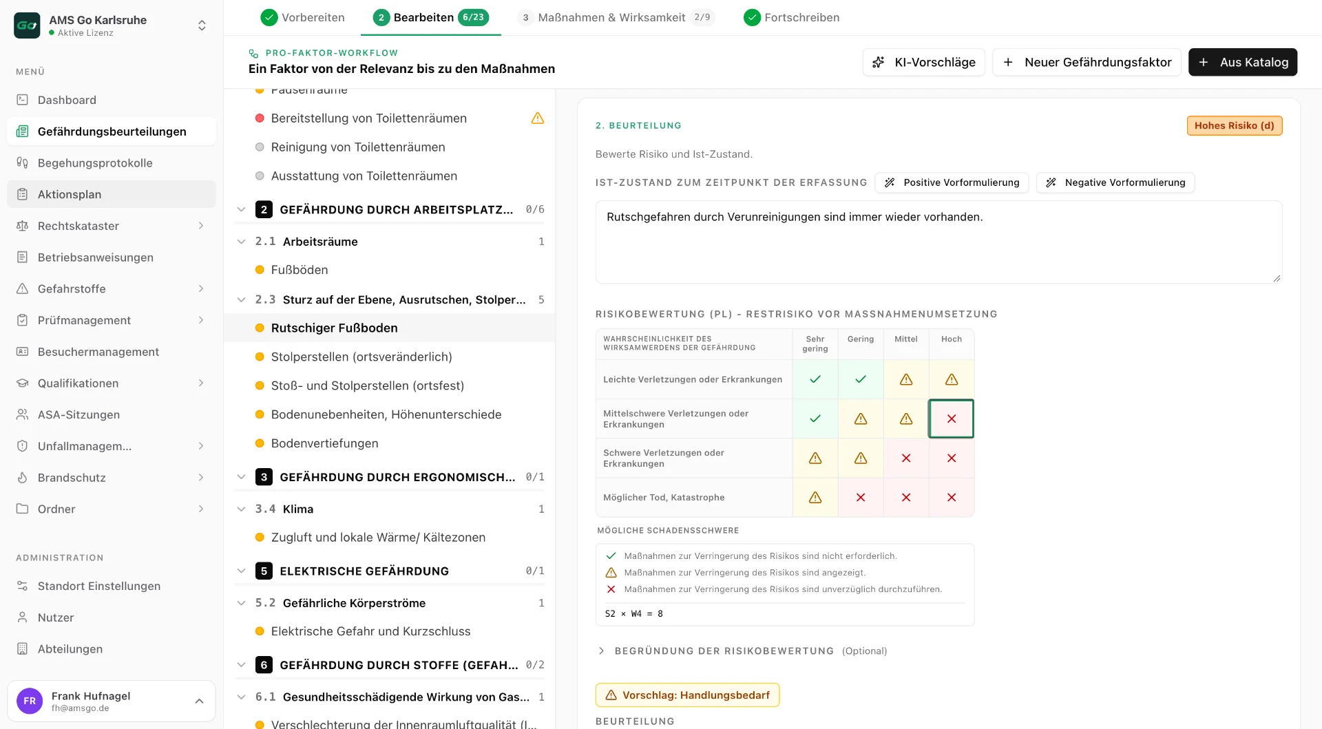 AMS Go web app: risk assessment in the per-factor workflow with risk matrix and AI suggestions