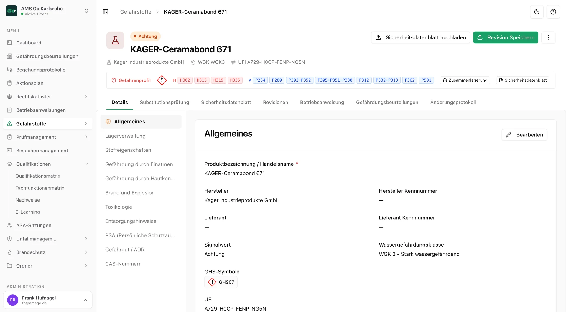 AMS Go web app: hazardous substance with hazard profile, H and P statements and safety data sheet